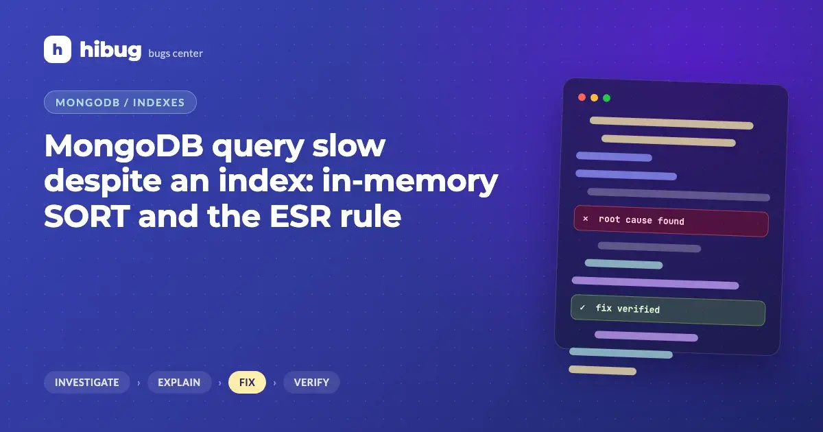 Banner: MongoDB compound index reordered by the Equality, Sort, Range rule to remove an in-memory sort