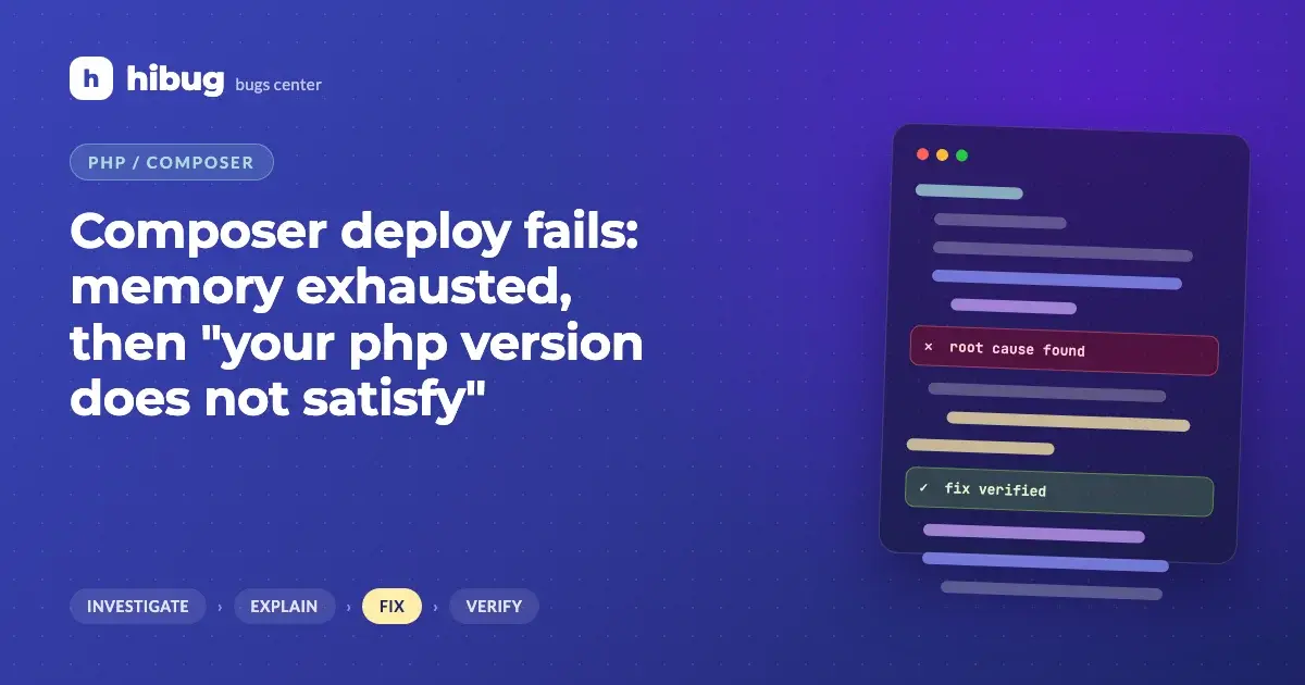 Banner: a Composer dependency resolver overflowing server memory next to a PHP version mismatch