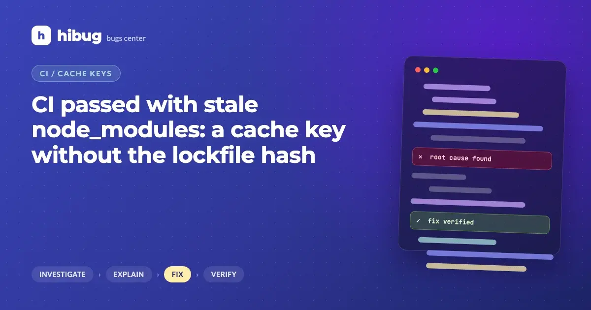 Banner: a CI pipeline restoring an outdated dependency cache because the cache key ignores the lockfile