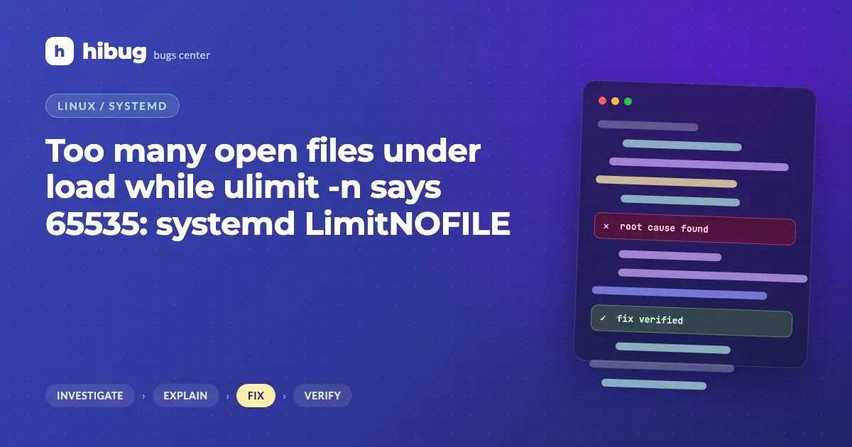 Banner: a Linux service process hitting a low file descriptor ceiling while the shell limit is high