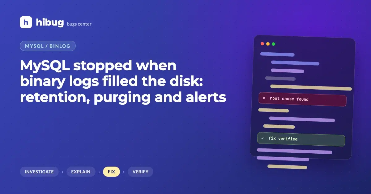 Banner: a MySQL server disk filled to the top with stacked binary log files