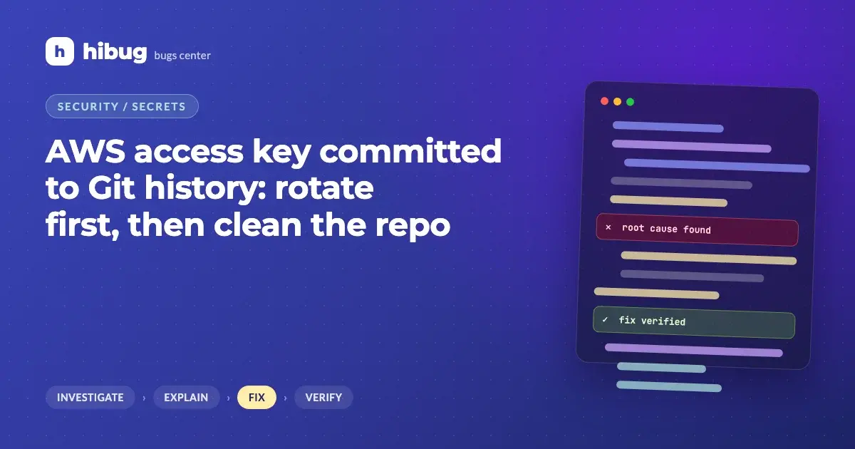 Banner: AWS access key committed to Git history, rotated and purged from the repository