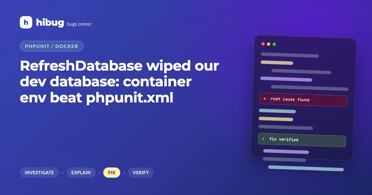 Banner: a test runner pointing at the development database instead of the test database inside a container